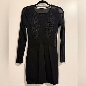 Black Long-Sleeve Mesh Panel Dress with Floral Appliqué